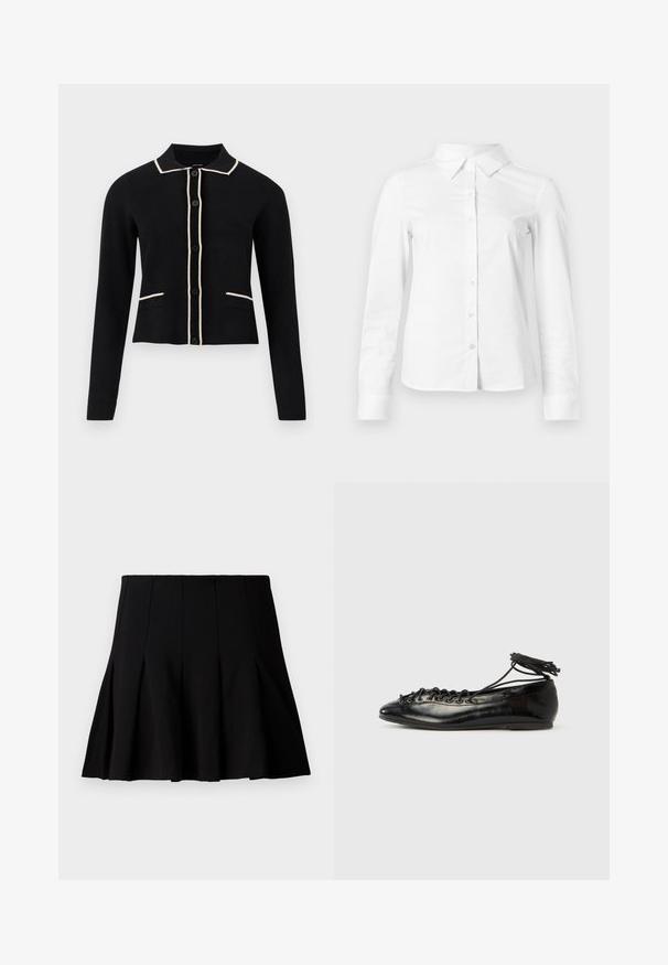Sort cardigan med krave, cremefarvede detaljer langs kraven og lommerne, og seks frontknapper. Har lange ærmer og et cropped design.; Hvid skjorte med lange ærmer, knapper, spids krave, lige kant og tætsiddende silhuet, vist på en ensartet lys baggrund.; Sort kort plisseret nederdel lavet af et glat stof. Har en elastisk talje og en flagrende silhuet, der når til midten af låret.; Sorte balletflade sko i laklæder med rundet tå, snørelukning og flad sål. Glat tekstur med få detaljer.
