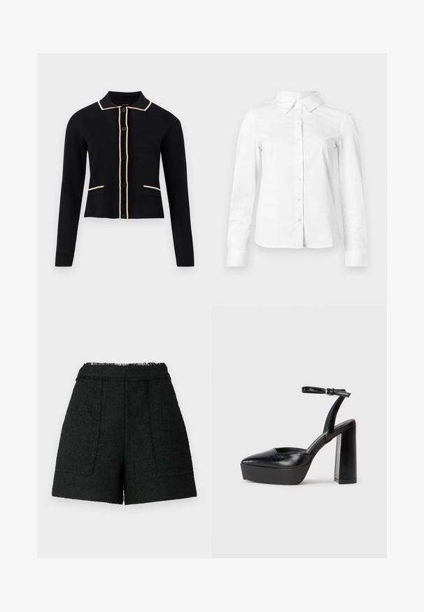 Cárdigan negro con cuello tipo solapa, ribete crema en el cuello y los bolsillos, y seis botones frontales. Presenta mangas largas y un diseño recortado.; Camisa blanca de manga larga con botones, cuello puntiagudo, bajo recto y silueta ajustada, presentada sobre un fondo claro y liso.; Pantalones cortos negros de tela texturizada con un dobladillo deshilachado, que cuentan con dos bolsillos frontales y un ajuste entallado.; Zapatos de tacón negro con punta afilada y correa ajustable en el tobillo. Confeccionados en cuero suave, presentan un tacón grueso.