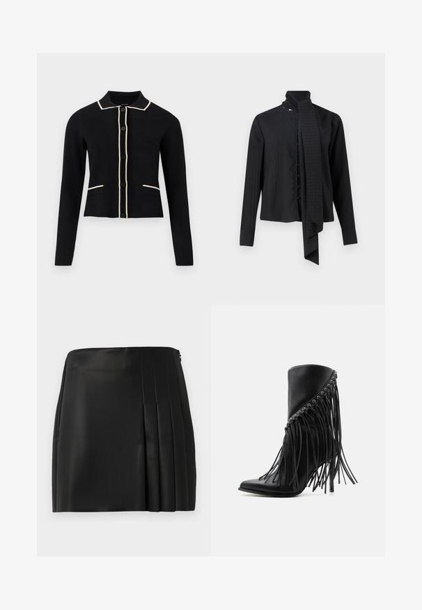 Sort cardigan med krave, cremefarvede detaljer langs kraven og lommerne, og seks frontknapper. Har lange ærmer og et cropped design.; Sort langærmet skjorte med ombukket krave og løs tørklæde-detalje. Har lodrette striber og knaplukning foran.; Sort faux læder mini nederdel med en glat front og plisseret detalje på højre side, med en lynlåslukning bagpå.; Sort ankelstøvle med høje hæle, skrå frynser og metaløjer langs den øverste kant, spids tå og stiletthæl.