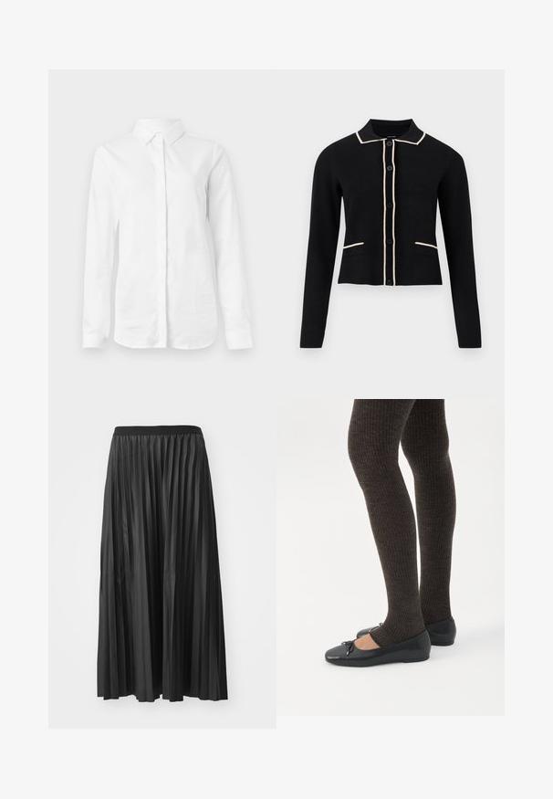 Sort cardigan med krave, cremefarvede detaljer langs kraven og lommerne, og seks frontknapper. Har lange ærmer og et cropped design.; Hvid langærmet skjorte lavet af glat bomuld. Har en klassisk krave og en knaplukning fortil med en lige kant uden mønstre.; Sort plisseret maxiskørt med en glat tekstur og elastisk talje, der har lodrette folder som skaber volumen og bevægelse.; Ben iført mørke ribbede leggings kombineret med sorte balletsko med små sløjfedetaljer på hvid baggrund.