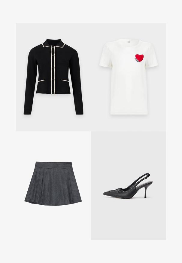 Cardigan noir avec un col, passepoil crème le long du col et des poches, et six boutons sur le devant. Il présente des manches longues et un design court.; T-shirt blanc à manches courtes avec un cœur rouge et le mot "AMOUR" imprimé sur la zone gauche de la poitrine.; Jupe patineuse grise à rayures générales avec une taille ajustée, en forme évasée A et texture de tissu douce. Les lignes verticales renforcent l'intérêt visuel.; Escarpin en cuir noir à talon aiguille avec un bout pointu, une bride latérale à boucle, des clous le long du bord et un laçage décoratif à l'avant.