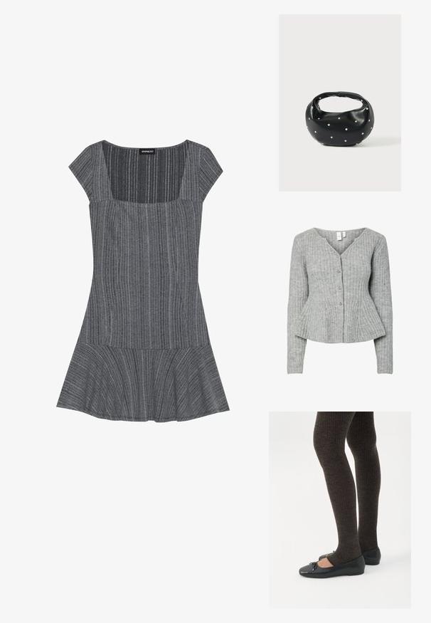 Grijze geribbelde cardigan met lange mouwen, V-hals en vijf zilveren knopen aan de voorkant. Voorzien van een getailleerde taille en een gestructureerde stof.; Grijs gestreepte jurk met korte mouwen, een vierkante halslijn en een uitlopende onderkant. Gemaakt van textuurstof, met een ontwerp van verticale strepen.; Benen met donkere geribbelde leggings gecombineerd met zwarte ballerina's met kleine strikdetails op een witte achtergrond.; Zwarte leren handtas met een afgeronde vorm, versierd met zilveren studs, en een korte handgreep. Gladde textuur en ritsluiting.
