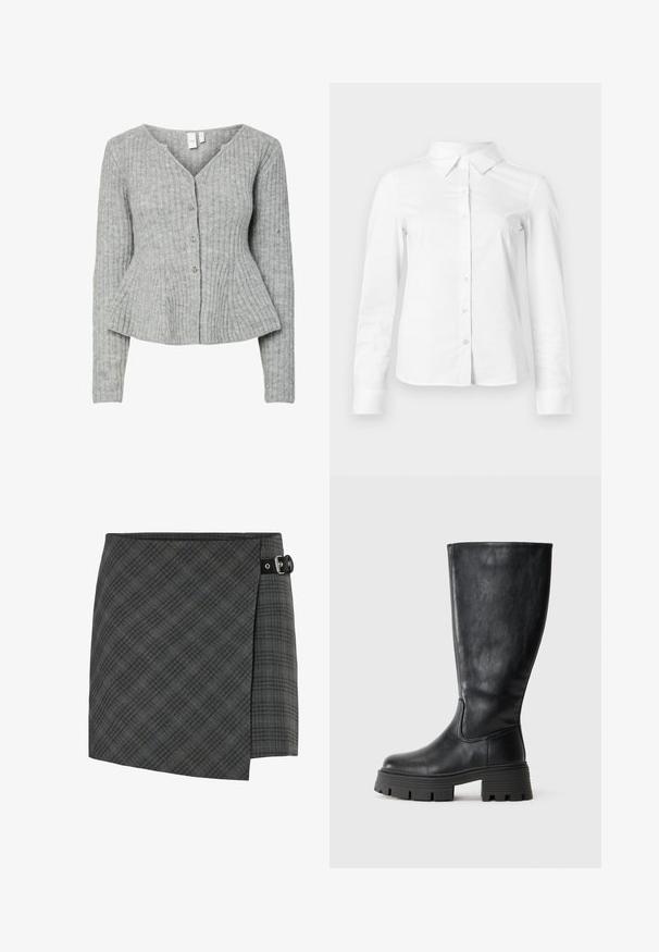 Grijze geribbelde cardigan met lange mouwen, V-hals en vijf zilveren knopen aan de voorkant. Voorzien van een getailleerde taille en een gestructureerde stof.; Witte blouse met lange mouwen en knopen, met puntige kraag, rechte zoom en aansluitende silhouet, weergegeven op een effen lichte achtergrond.; Donkergrijze geruite wollen wikkelrok met zwarte gespdetail aan de rechterzijde, rechte zoom en subtiele diagonale lijnenpatroon.; Zwarte kniehoge laarzen van soepel leer met een dikke, gestructureerde zool en subtiele naaddetailing aan de buitenkant.