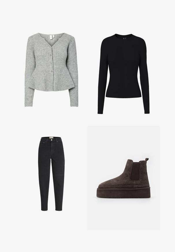 Grå ribstrikket cardigan med lange ærmer, V-udskæring og fem sølvfarvede knapper foran. Har en figursyet talje og tekstureret stof.; Sort langærmet tætsiddende damebluse med rund halsudskæring, glat stof og uden synlige mønstre eller pynt.; Sorte højtaljede jeans med tapered ben, lukkes foran med knap og lynlås, for- og baglommer samt detaljer med metalnitter.; Brune ruskinds Chelsea støvler med elastiske sidepaneler og en tyk, struktureret platåsål. Har en strop bagpå til nem påtagning.