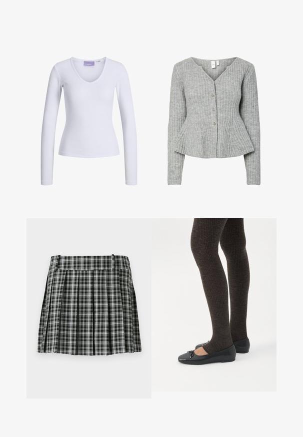 Grijze geribbelde cardigan met lange mouwen, V-hals en vijf zilveren knopen aan de voorkant. Voorzien van een getailleerde taille en een gestructureerde stof.; Witte lange mouwen top met een geribbelde textuur en een V-hals ontwerp. Label zichtbaar aan de binnenkant van de hals met de merknaam "JJXX."; Zwart-wit geruite geplisseerde rok met een gladde tailleband en meerdere verticale plooien. Gemaakt van lichte stof.; Benen met donkere geribbelde leggings gecombineerd met zwarte ballerina's met kleine strikdetails op een witte achtergrond.