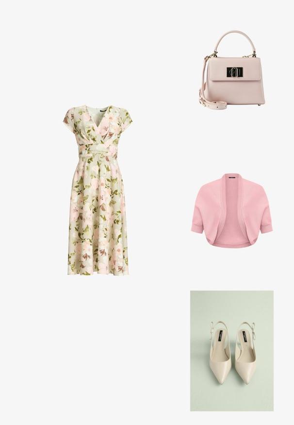 Cardigan court en maille rose pâle avec manches courtes, devant ouvert en côtes, poignets ajustés, conçu pour être superposé sur des hauts ou des robes.; Robe portefeuille verte à imprimé floral avec manches courtes, taille cintrée et jupe midi évasée présentant des fleurs roses et blanches ainsi que des feuilles vertes.; Chaussures beige à bout pointu avec un cuir lisse, dotées d'un nœud décoratif sur le talon et d'un design à dos ouvert.; Petit sac à main en cuir rose clair avec poignée supérieure, bandoulière amovible et fermoir rectangulaire doré sur le rabat avant.