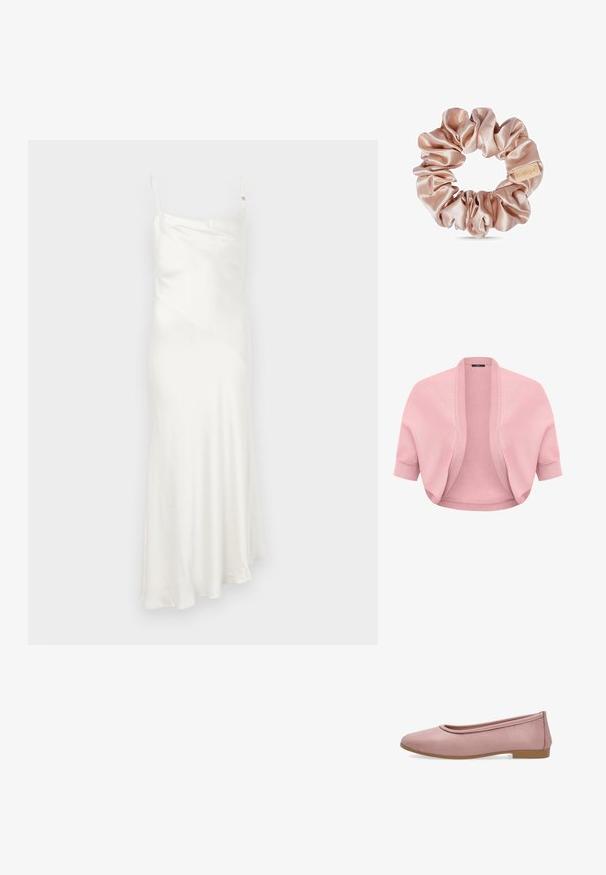Zacht roze gebreide shrug met korte mouwen, geribbelde open voorkant en aangesloten boorden, ontworpen om over tops of jurken te dragen.; Witte satijnen slipdress met dunne spaghettibandjes, een diagonale naaddetail en een uitlopende zoom die een vloeiende silhouet creëert. Gladde, lichte textuur.; Lichtroze ballerinaschoen met een ronde neus, lage hak en een gladde textuur, getoond in zijaanzicht op een witte achtergrond.; Lichtroze satijnen scrunchie met een klein beige label op een witte achtergrond, met een gladde, glanzende stof en geraffineerde textuur.