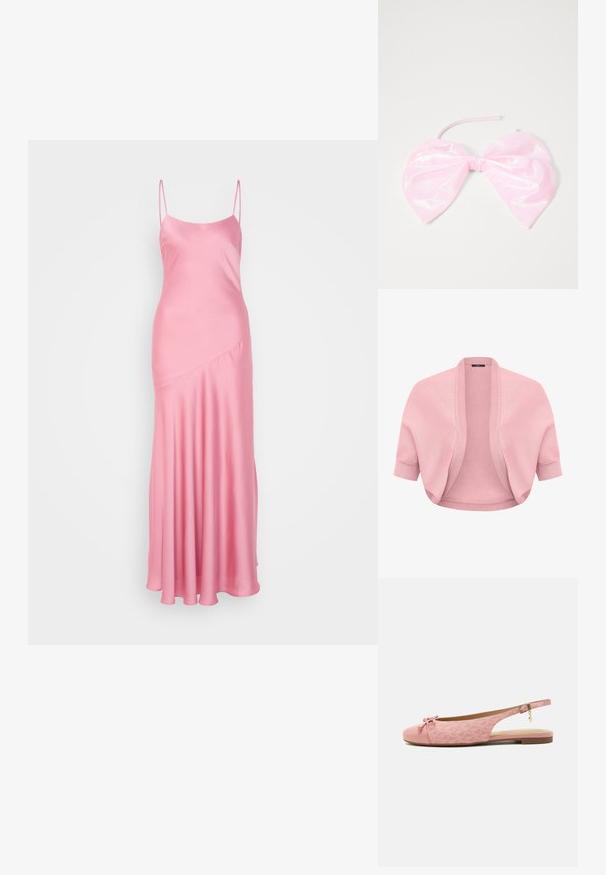 Cardigan court en maille rose pâle avec manches courtes, devant ouvert en côtes, poignets ajustés, conçu pour être superposé sur des hauts ou des robes.; Robe maxi en satin rose avec de fines bretelles spaghetti, une légère brillance et un détail de couture en diagonale à l'avant, descendant vers un ourlet évasé.; Chaussure slingback plate rose avec tissu texturé, nœud sur l’orteil arrondi, bride de cheville avec boucle dorée et breloque, et semelle basse marron.; Accessoire capillaire rose et brillant en forme de grand nœud, avec une texture lisse et une fine sangle pour le maintenir en place.