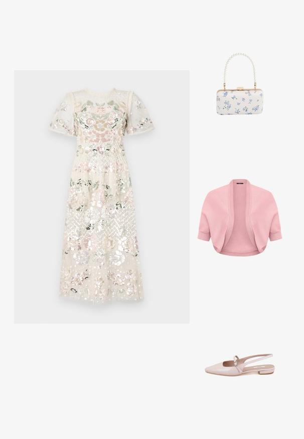 Weicher, rosa gestrickter Bolero mit kurzen Ärmeln, geripptem offenem Vorderteil und enganliegenden Bündchen, entworfen zum Überziehen über Oberteile oder Kleider.; Kleid aus transparentem, paillettenbesetztem Stoff mit floralen Stickereien in Pastellfarben. Kurze Puffärmel und runder Ausschnitt. Midi-Länge.; Desa Klassischer Ballerina - pink; Weiße rechteckige Clutch mit blauem Blumenmuster und einem Perlen-griff mit goldfarbenen Beschlägen und Verschluss.