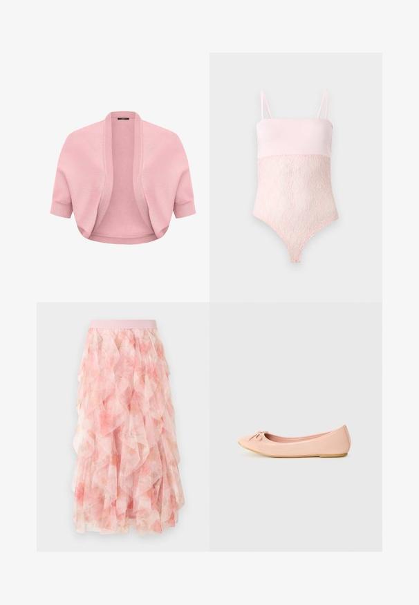 Cardigan court en maille rose pâle avec manches courtes, devant ouvert en côtes, poignets ajustés, conçu pour être superposé sur des hauts ou des robes.; Body en dentelle rose clair avec bretelles spaghetti et une partie supérieure lase sur un fond clair uni.; Jupe midi en tulle rose à couches avec motif floral et taille élastique, présentant des textures douces et volantées.; Ballerine en matériau synthétique rose clair avec un bout arrondi, ornée d'un petit nœud et d'une semelle flexible.