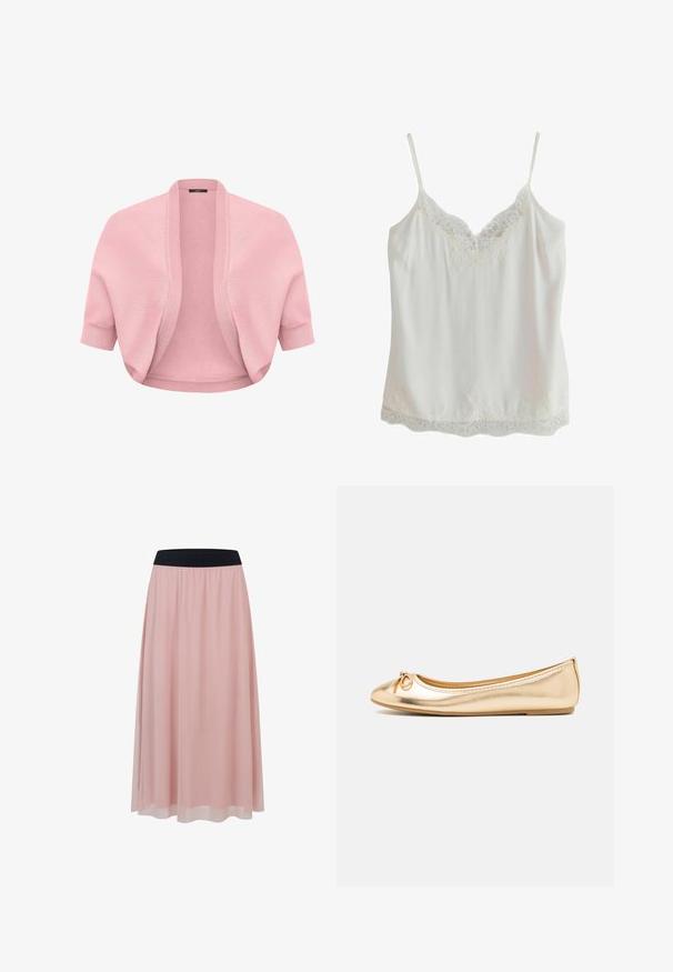 Cardigan court en maille rose pâle avec manches courtes, devant ouvert en côtes, poignets ajustés, conçu pour être superposé sur des hauts ou des robes.; Camisole blanche sans manches avec fines bretelles et bordure en dentelle au niveau de l'encolure et de l'ourlet, fabriquée en tissu lisse.; Jupe rose longueur cheville avec une couche extérieure transparente et une large ceinture élastique noire.; Ballerines métalliques dorées avec un bout arrondi, petit nœud décoratif à l'avant, surface lisse et semelle en caoutchouc flexible.
