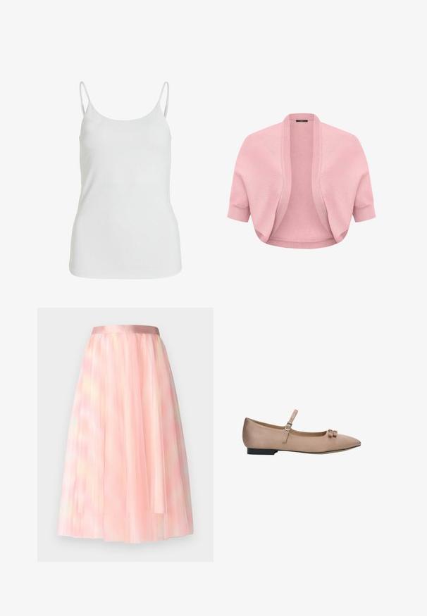 Cardigan court en maille rose pâle avec manches courtes, devant ouvert en côtes, poignets ajustés, conçu pour être superposé sur des hauts ou des robes.; Débardeur blanc en tissu lisse, avec de fines bretelles spaghetti et un design simple et sans embellissement.; Ida Sjöstedt FLAWLESS SKIRT - Jupe trapèze - pink; Ballet flat pointu en satin rose avec un petit nœud et une fine bride à la cheville, doté d'un petit talon noir et d'une texture lisse.