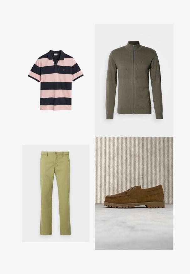 Ritsjack in olijfgroen, met textuurpanden, lange mouwen en een staande kraag. Gemaakt van een gladde gebreide stof.; Polo shirt met marineblauw en lichtroze horizontale strepen, kraag, knopsluiting met twee knopen en een klein geborduurd logo op de borst.; Lichtgroene rechte broek met knoop- en ritssluiting, taillebandlussen en geen zichtbare zakken, van voren weergegeven op een witte achtergrond.; Bruine suède veterschoen met dikke geribbelde zool, zwevend boven een beige tapijt, met een bruine ovaalvormige tafel op de achtergrond.