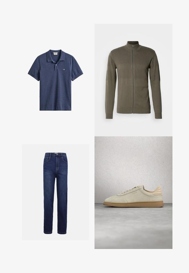 Ritsjack in olijfgroen, met textuurpanden, lange mouwen en een staande kraag. Gemaakt van een gladde gebreide stof.; Marineblauw poloshirt met korte mouwen, kraag, twee knoppen aan de voorzijde en een klein geborduurd logo op de linkerborst.; Donkerblauwe denim jeans met een recht model, vijf zakken, een knoopsluiting en subtiele horizontale stiksels.; Beige suède sneaker met een gestructureerde gumrubberen zool. Heeft platte veters, een afgeronde neus en subtiele branding aan de zijkant. Licht gepolsterde kraag.