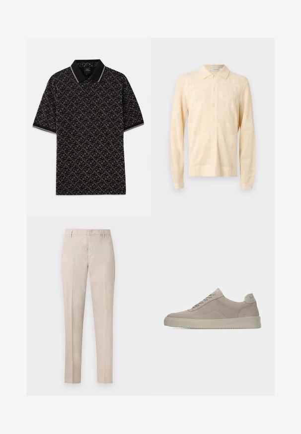 Cardigan beige à manches longues avec boutons, motifs floraux texturés et col replié, présenté sur un fond gris neutre.; Polo noir avec un motif géométrique doré, manches courtes et col classique avec des accents rayés subtils.; Pantalon beige droit avec passants pour ceinture, fermeture avant dissimulée et plis sur le devant.; Baskets en daim beige avec une finition texturée, un bout arrondi et des lacets ton sur ton. Elles présentent une semelle en caoutchouc épaisse et un branding discret sur le talon.
