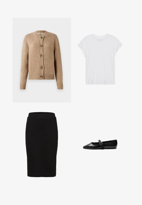 Beige chunky strikket cardigan med lange ærmer, ribbede manchetter og kant, samt fem store brune knapper foran.; Hvid kortærmet t-shirt med rund hals, afslappet pasform, lavet af blødt bomuldsstof. Glat tekstur, ingen mønstre eller logoer.; Sort knælang pencilskørt med en tætsiddende linning og glat stof, vist mod en hvid baggrund.; Sorte flade sko lavet af læder med spidse tæer, justerbar rem med metalspænde, glat tekstur og minimalistisk design.