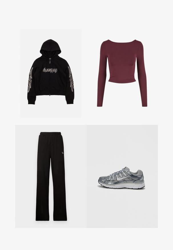 Schwarze Zip-Hoodie mit Kängurutasche, bedrucktem Logo auf der Brust und tribal Muster an den Ärmeln. Weiches Material und dehnbare Bündchen.; Burgunderfarbener langärmeliger Cropped-Top aus elastischem Material mit weitem Rundhalsausschnitt, glatter Textur und figurbetontem Schnitt.; Schwarze, gerippte, weit geschnittene Hose mit elastischem Bund und kleinem dekorativem Logo, aus einem glatten Material mit langem Design.; Grauer Sportschuh mit Mesh-Obermaterial, metallischen Akzenten und weißer Sohle. Verfügt über ein Schnürsystem und strukturierte Details für besseren Halt.