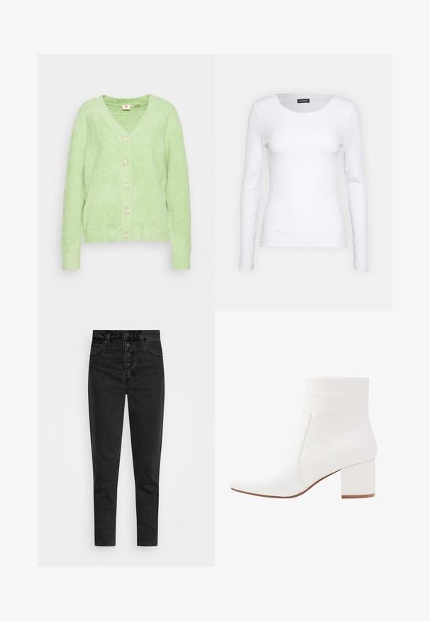 Lys grøn, fluffy cardigan med V-hals og seks cremefarvede knapper foran. Ribbet manchetter og kant, blød tekstur, afslappet design.; Hvid ribbet langærmet trøje med rund halsudskæring. Fremstillet af et strækstof, der sidder tæt til kroppen. Har subtile horisontale linjer.; Højtaljede sorte denimjeans med knaplukning, fem lommer og slim fit. Glat tekstur med minimal falmet og uden udsmykninger.; Hvide ankelstøvler med en glat overflade, firkantet tå og en mellemhøj blokhæl. Sømdetaljerne fremhæver det minimalistiske design.