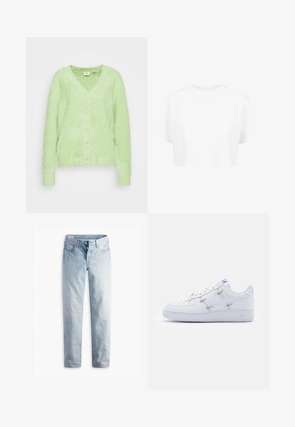 Hellgrüner, flauschiger Cardigan mit V-Ausschnitt und sechs cremefarbenen Knöpfen auf der Vorderseite. Rippbündchen und Saum, weiche Textur, lässiges Design.; Weißes, kurzes T-Shirt mit kurzen Ärmeln und rundem Halsausschnitt, aus glattem Stoff, ohne sichtbare Muster oder auffällige Hardware.; Hellblaue Jeans aus Denim mit geradem Bein, fünf Taschen und Metallknöpfen am Standardbund.; Nike Sportswear AIR FORCE 1 - Sneaker low - white/hyper royal/black