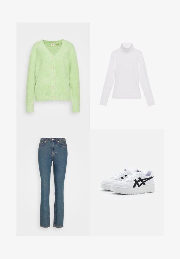 Hellgrüner, flauschiger Cardigan mit V-Ausschnitt und sechs cremefarbenen Knöpfen auf der Vorderseite. Rippbündchen und Saum, weiche Textur, lässiges Design.; Weißes Langarm-Turtleneck-Oberteil aus glattem, elastischem Stoff. Mit hohem Kragen und tailliertem Schnitt, ohne sichtbare Muster oder Verzierungen.; Weekday CITY HIGH SLIM - Jeans Slim Fit - lapis blue; Weiße Sneaker mit einer strukturierten Oberfläche, schwarzen Seitenstreifen und einer dicken weißen Sohle. Verfügt über ein Schnürdesign und ein Logo auf der Zunge.