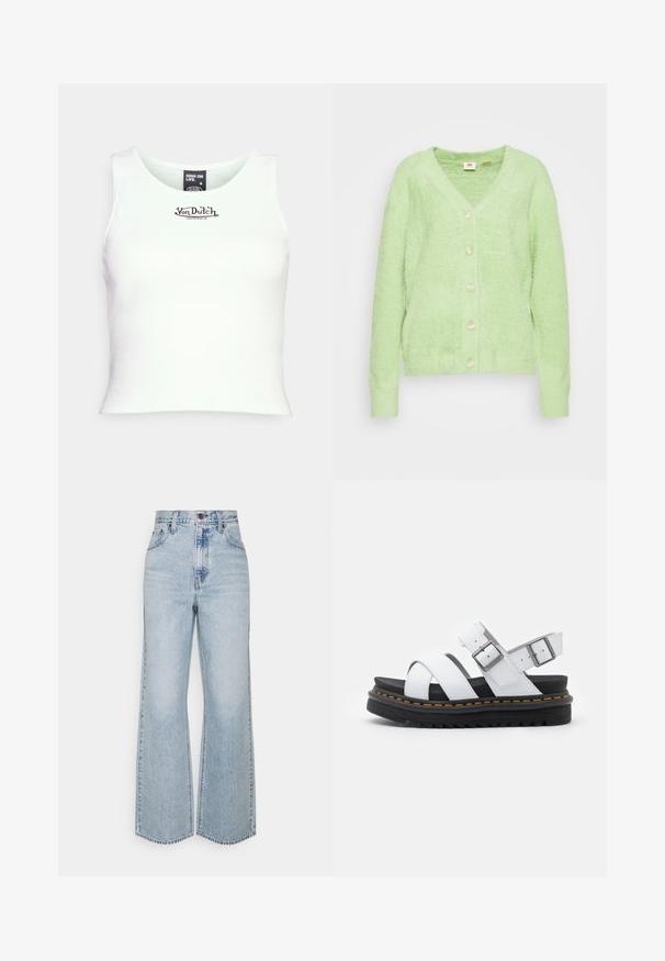 Lichtgroene, fluffy cardigan met een V-hals en zes crèmekleurige knopen aan de voorkant. Ribgebreide boorden en zoom, zachte textuur, casual ontwerp.; Witte geribbelde cropped tanktop met een ronde hals en zwart "Von Dutch" logo in het midden. Gemaakt van rekbare katoenmix.; Lichtblauwe denim broek met wijde pijpen, hoge taille, klassiek vijfzakkenontwerp en contrasterende stiksels. Rauwe zoom aan de onderkant.; Witte leren sandalen met verstelbare gespsluitingen, gelaagde zwarte plateauzool en oranje stiksel langs de rand.