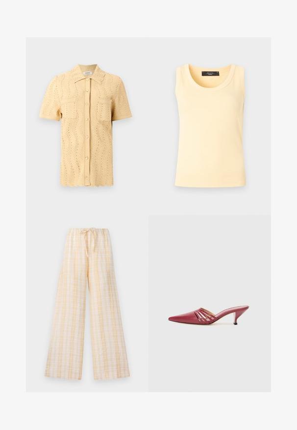 Beige strikket bluse med korte ærmer og zigzag-mønster, frontknapper, to brystlommer, klassisk krave og bølget kant.; Ærmeløs ribstrikket tanktop i bleg gul med rund halsudskæring og sort mærke indvendigt i kraven.; Bredde bukser lavet af letvægtsstof i et lysegult og hvidt ternet mønster. Har en elastisk talje med snoretræk.; Røde lædermules med spids tå og lav hæl, med udskårne sideaccenter og en glat tekstur. Slankt og strømlinet design.