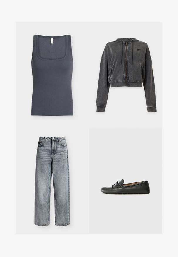 Sweat à capuche court zippé gris foncé avec manches longues, poches avant, capuche à cordon, poignets côtelés et logo discret de la marque sur la poitrine.; Débardeur côtelé gris foncé avec larges bretelles et encolure carrée, présenté sur un fond clair.; Jean taille haute à jambes droites en denim gris délavé avec poches avant, passants de ceinture et fermeture par bouton.; Bateau en cuir noir avec un bout arrondi, des détails de couture, un petit accent en nœud et une semelle en caoutchouc. Texture lisse et design épuré.