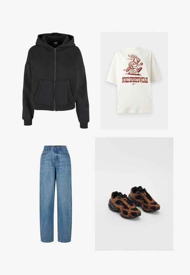 Zwarte zip-up hoodie met een trekkoord capuchon, twee voorzakken, ribgebreide mouwen en een zachte textuur, ontworpen voor comfort en warmte.; Wit T-shirt met een grafiek van een rennend cartoonkonijn en de tekst "NIKE SPORTSWEAR" in vet rood onder de illustratie.; Lichtblauwe denim jeans met een recht gesneden design, voorzien van een knoopsluiting, vijf zakken en subtiele vervagingen door de stof.; Bruine suède en zwarte gaas sneakers met een afgeronde vorm, met opvallende uitsparingen en een stevige zwarte zool.