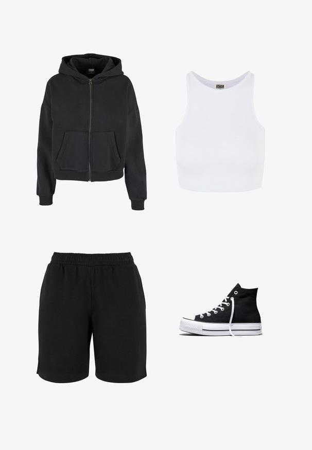 Zwarte zip-up hoodie met een trekkoord capuchon, twee voorzakken, ribgebreide mouwen en een zachte textuur, ontworpen voor comfort en warmte.; Witte geribbelde crop tanktop met brede schouderbanden en een ronde halslijn. Beschikt over een zachte textuur en een minimalistisch ontwerp zonder patronen.; Zwarte katoenen shorts met een elastische tailleband, met een gladde textuur en een eenvoudige snit. Geen zakken of versieringen zichtbaar.; Zwarte hooggesloten canvas sneaker met witte rubberen zool en witte veters, zijwaarts weergegeven op een witte achtergrond.
