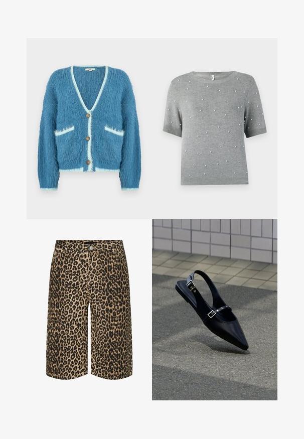 Blå blød cardigan med V-hals, med hvid kant, tre træknapper foran og to forlommer.; Grå kortærmet sweater med rund hals og spredte hvide perle-lignende accenter. Blød strikstruktur med ribkant ved nederste kant og ærmer.; Leopardmønstrede shorts med en tan base og sorte pletter, lavet af et blødt stof, med en lige pasform og standard talje. ; Sort flad slingback med spids tå og dobbelte spænder, hvilende på grå asfalt nær flisevæg.