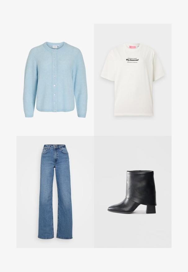 Cárdigan de punto azul claro con mangas largas, cuello redondo y cierre frontal de botones.; Camiseta blanca oversize con mangas cortas y texto negro impreso en el pecho que dice "Why choose one? Blending sports is my game."; Jeans de pierna ancha en denim, con una cintura alta, diseño clásico de cinco bolsillos y un dobladillo limpio con mínimas desgastes.; Bota de cuero negro hasta el tobillo con punta afilada, textura suave y un tacón bloque estructurado. Presenta un diseño de puño alto y doblado.