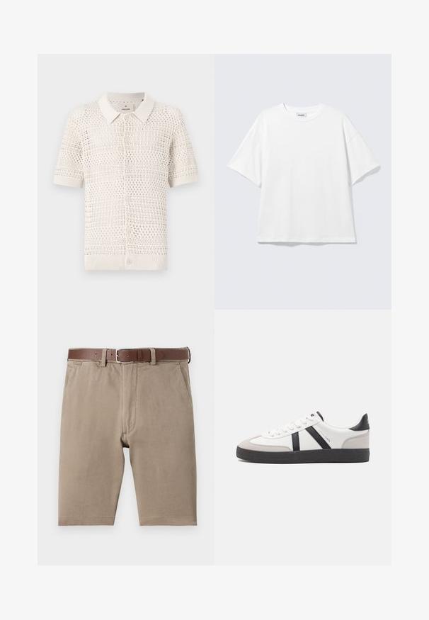 Polo shirt à manches courtes en maille beige clair avec un motif en weave ouvert, présentant un col et six boutons d'attache.; T-shirt blanc oversize à manches courtes, col rond, épaules tombantes, posé à plat sur fond gris clair.; Shorts en coton beige à coupe droite, dotés d'une ceinture en cuir marron et de poches latérales, avec une texture lisse et des ourlets soigneusement finis.; Baskets blanches avec des accents noirs et gris, présentant un embout texturé gris, une semelle en caoutchouc noir et des lacets plats blancs. Design épuré, style minimaliste.