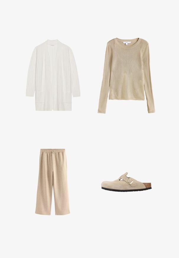 Cárdigan blanco con canalé, de frontón abierto, mangas largas y dos bolsillos delanteros. Textura suave, tejido ligero adecuado para superponer.; Jersey beige de punto con canalé, manga larga, cuello redondo y corte ajustado, mostrado plano con etiqueta visible en el cuello.; Pantalones de pierna ancha color crema, hechos de una suave mezcla de algodón. Presentan una cintura elástica con cordón y una sutil textura moteada.; Zueco de ante beige sin cordones con punta redonda, correa ajustable, plantilla de corcho y suela de goma negra para mayor agarre.