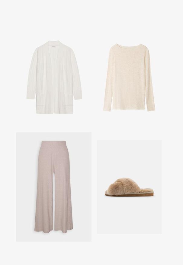 Hvid ribbet cardigan med åben front, lange ærmer og to frontlommer. Blød tekstur, letvægtigt stof velegnet til lag-på-lag.; Langærmet, lysebeige striktop med bådudskæring og subtil meleret tekstur.; Lys grå bredbenede bukser lavet af blødt ribbet stof, med høj talje og fuldlængde ben med subtil tekstur.; Fuzzy beige hjemmesko med blød tekstur, åben bag og indvendig foring. Flad sål med en lysebrun bund og beige syning.