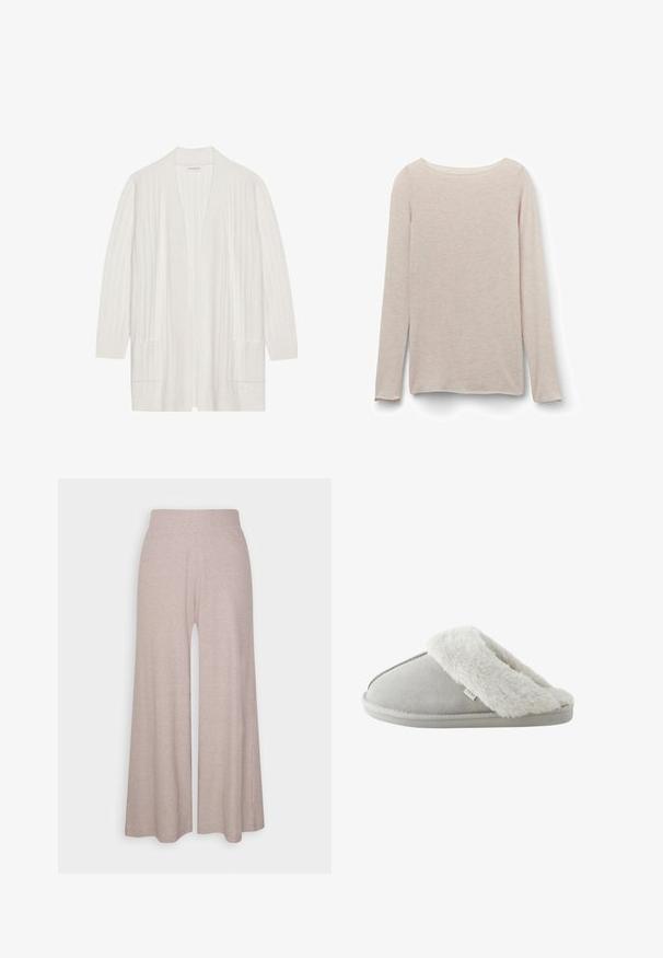 Hvid ribbet cardigan med åben front, lange ærmer og to frontlommer. Blød tekstur, letvægtigt stof velegnet til lag-på-lag.; Lyserød langærmet t-shirt med afslappet rund halsudskæring, lavet af blødt stof med en subtil meleret tekstur.; Lys grå bredbenede bukser lavet af blødt ribbet stof, med høj talje og fuldlængde ben med subtil tekstur.; Lysegrå slip-on tøfler med blødt hvidt kunstpelsfor og sål mærket "NEXT," set fra siden på hvid baggrund.