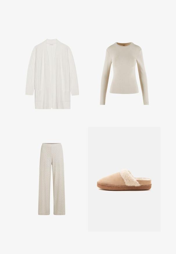 Cardigan blanc côtelé à fronçage ouvert, à manches longues et avec deux poches frontales. Texture douce, tissu léger adapté aux superpositions.; Haut beige à manches longues en côte avec un col rond ; présente un design ajusté et un petit logo en détail sur le poignet.; Pantalon ample beige à motif zigzag texturé, avec une taille haute élastique et une finition lisse.; Chausson beige à enfiler avec une doublure blanche douce et moelleuse et une semelle en caoutchouc marron, vu de profil sur un fond uni.