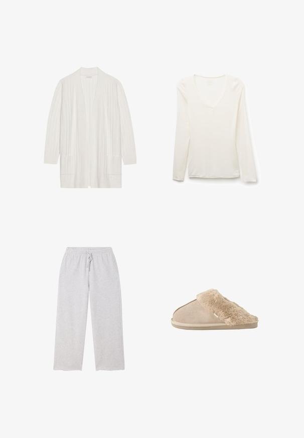 Weißer, gerippter Cardigan mit offenem Vorderteil, langen Ärmeln und zwei vorderen Taschen. Weicher Stoff, leichtes Material, das sich gut zum Schichten eignet.; Langärmliges weißes V-Neck-Shirt, Slim Fit, flach auf weißem Hintergrund liegend.; Hellgraue Sweatpants mit weitem Bein, elastischem Bund und Kordelzug sowie Taschen auf beiden Seiten.; Beiger Schlupfhausschuh mit weichem Wildleder außen und einem flauschigen, weichen Innenfutter und Bündchen, entwickelt für Komfort im Innenbereich.