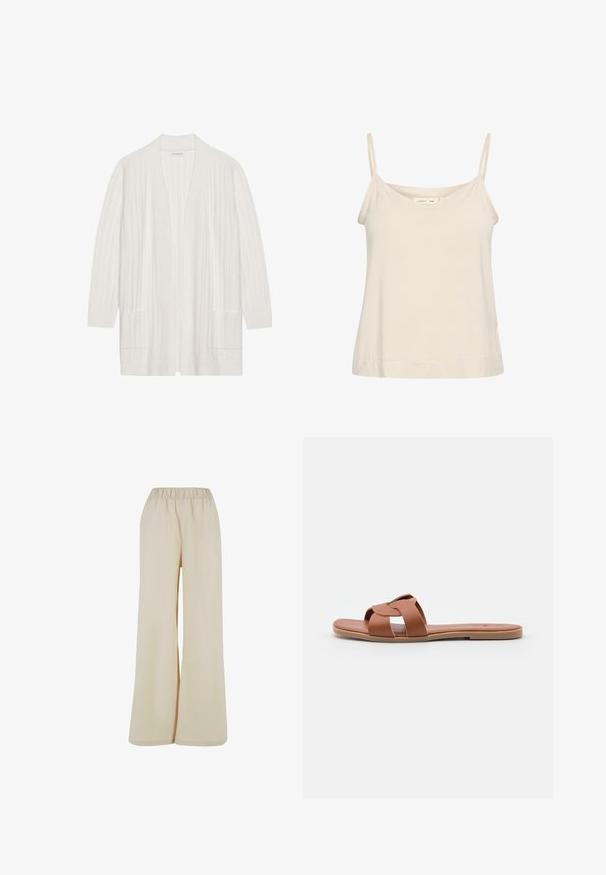 Hvid ribbet cardigan med åben front, lange ærmer og to frontlommer. Blød tekstur, letvægtigt stof velegnet til lag-på-lag.; Lys beige cami lavet af blødt stof, med tynde justerbare stropper og en V-udskæring med en let afslappet pasform.; Lys beige bukser med vidde og elastisk talje. Glat, blød stof med løs pasform, uden synlige mønstre eller detaljer.; Brune flade slide-sandaler lavet af glat læder med et krydset remdesign, der har en flad sål og en minimalistisk stil.