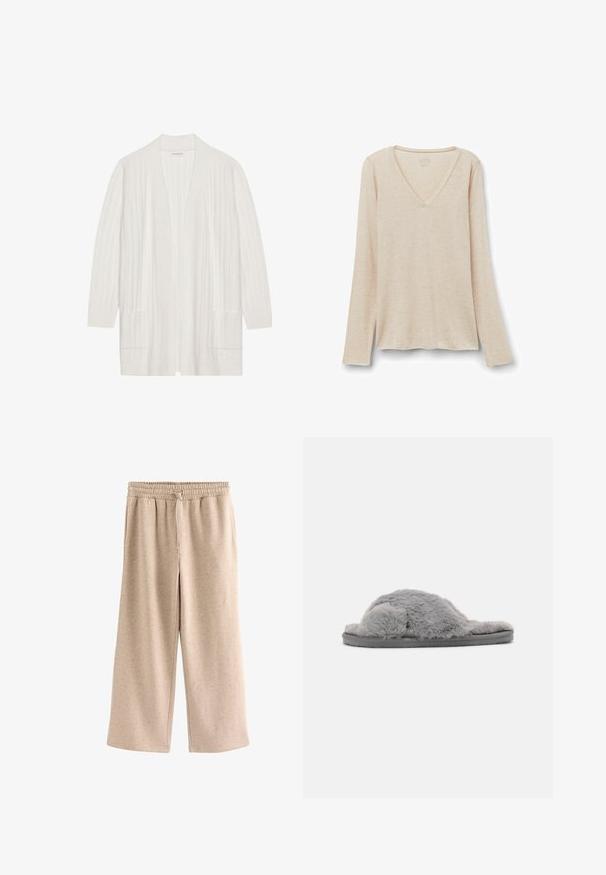 Cardigan blanc côtelé à fronçage ouvert, à manches longues et avec deux poches frontales. Texture douce, tissu léger adapté aux superpositions.; Haut à manches longues en tissu beige clair avec une texture douce. Coupe décontractée avec un ourlet droit et un design minimaliste.; Pantalon beige à jambes larges avec taille élastique et cordon, en tissu doux et moucheté.; Chaussons gris en peluche avec une texture douce et un design à orteils ouverts. Présentent une semelle épaisse et texturée pour le confort et la durabilité.