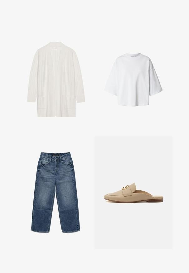 Witte geribde cardigan met een open voorkant, lange mouwen en twee voorzakken. Zachte textuur, lichtgewicht stof geschikt voor het laagjes dragen.; Witte oversized T-shirt met korte mouwen, ronde hals en losse pasvorm, weergegeven op een eenvoudige achtergrond.; Blauwe denim jeans met een losse pasvorm, voorzien van een vijf-pocket ontwerp, knoopsluiting en subtiele vervaging in de stof.; Beige slip-on platte loafer met een afgeronde neus, gestructureerde afwerking, brede band en gouden ronde gesp op een witte achtergrond.