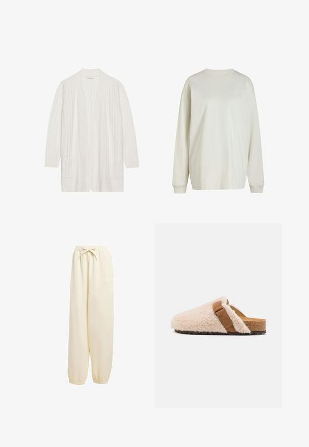 Weißer, gerippter Cardigan mit offenem Vorderteil, langen Ärmeln und zwei vorderen Taschen. Weicher Stoff, leichtes Material, das sich gut zum Schichten eignet.; Langärmliges off-white Sweatshirt mit Rundhalsausschnitt, gerippten Bündchen und kleinem Adidas-Logo auf der oberen linken Brust.; Beige, locker sitzende Sweatpants aus weichem Material. Sie verfügen über einen elastischen Bund mit Kordelzug und elastische Bündchen an den Knöcheln.; Beige Schaffell-Mokassins mit einem braunen Wildlederriemen, Korkfußbett und strukturiertem Gummiaußensohle, entworfen für Komfort und legere Trageweise.