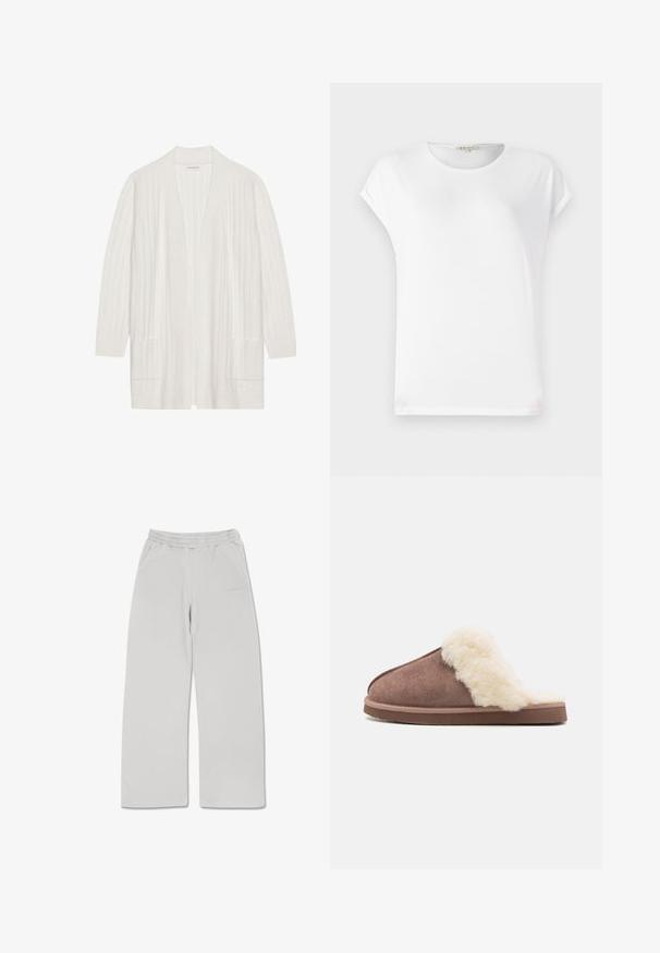 Hvid ribbet cardigan med åben front, lange ærmer og to frontlommer. Blød tekstur, letvægtigt stof velegnet til lag-på-lag.; Hvid kortærmet t-shirt med rund halsudskæring, blød tekstur og et simpelt design. Rene linjer med en afslappet pasform.; Lysegrå sweatpants lavet af blødt stof, med elastisk talje, to sidelommer og lige snit.; Brune ruskinds hjemmesko med en fluffy crème farvet faux fur foring, åben bagside og en flad gummisål, som fremhæver en blød tekstur og hyggeligt udseende.