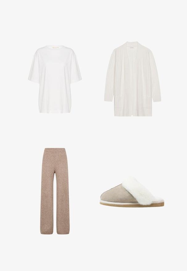 Cárdigan blanco con canalé, de frontón abierto, mangas largas y dos bolsillos delanteros. Textura suave, tejido ligero adecuado para superponer.; Camiseta de manga corta blanca, confeccionada en algodón suave. Presenta un escote redondo y un discreto detalle de logo en el lado izquierdo del pecho. Diseño de corte recto.; Pantalones de punto de pierna ancha en un tono marrón claro con una cinturilla y puños acanalados, confeccionados con una tela suave y texturizada. No se ven bolsillos.; Zapatilla de ante tipo slip-on en beige claro con una banda de piel de peluche blanca en la parte superior, que cuenta con una suela texturizada para mayor agarre y comodidad.