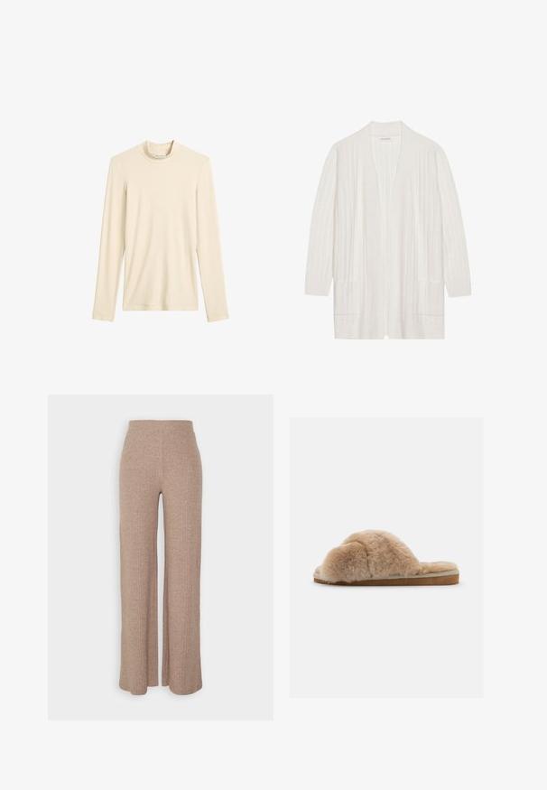 Cárdigan blanco con canalé, de frontón abierto, mangas largas y dos bolsillos delanteros. Textura suave, tejido ligero adecuado para superponer.; Camiseta de punto de manga larga color crema con cuello alto, diseño simple y etiqueta de marca visible en el interior del escote.; Pantalones de pierna ancha de canalé en color beige con una cinturilla alta y textura suave, que presentan un corte holgado y sin cierres visibles.; Zapatilla de felpa beige con una textura suave, parte trasera abierta y un forro interior. Suela plana con una base marrón clara y costuras beige.