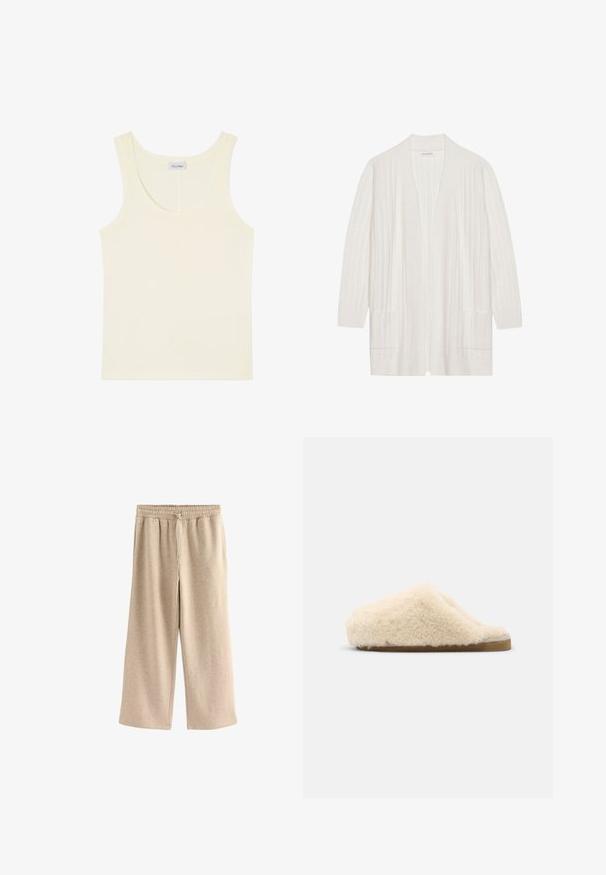 Hvid ribbet cardigan med åben front, lange ærmer og to frontlommer. Blød tekstur, letvægtigt stof velegnet til lag-på-lag.; Flødefarvet ærmeløs tanktop med rund halsudskæring og et lille mærke med brandnavn indeni bagpå.; Cremefarvede breddebenede bukser lavet af blødt bomuldsblandingsstof. Har en elastisk talje med snor og en subtil plettet tekstur.; Shepherd Hjemmesko - creme