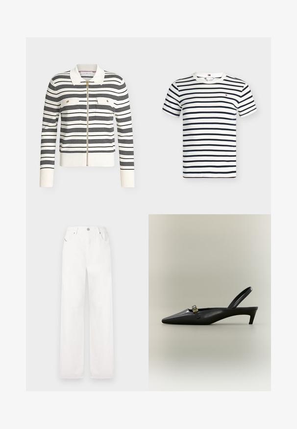 Witte cardigan met ritssluiting en zwarte horizontale strepen, een witte kraag, geribde manchetten en zoom, en twee borstzakken met gouden knopen.; Witte T-shirt met korte mouwen en ronde hals, met horizontale donkerblauwe strepen en een klein rood, wit en donkerblauw logo op de borst.; Witte katoenen wijde broek met een klassiek vijf-pocketontwerp en een metalen knoopsluiting, met subtiele stikdetails.; Zwarte lederen slingback kitten heel met puntige neus en klein gouden gespsluiting op een effen achtergrond.