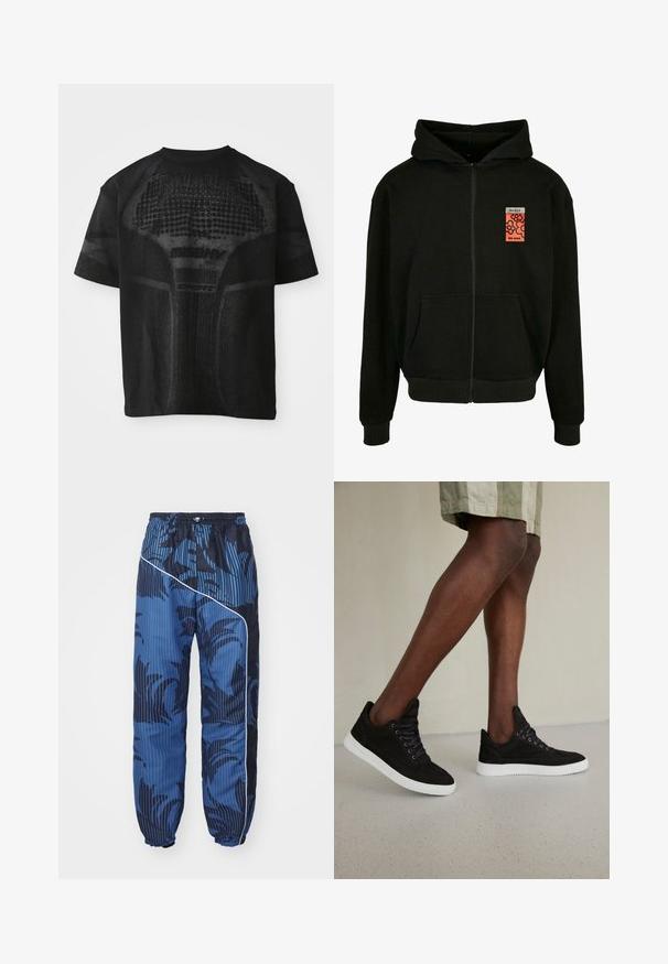 Sort hættejakke med lynlås lavet af blødt stof, med en frontlomme og et levende orange mærke med teksten "PEACE" og "NO WAR" samt blomsterdesign.; Sort sport T-shirt med korte ærmer og struktureret mønster samt diskret "MISBHV SPORT" tekst på fronten.; Blå mønstrede joggers med en blanding af ensfarvede og stribede teksturer, elastisk talje og snøre, samt hvid piping langs siden.; Sorte ruskinds sneakers med hvide gummisåler, med runde snørebånd, lav-top design og en glat overflade.