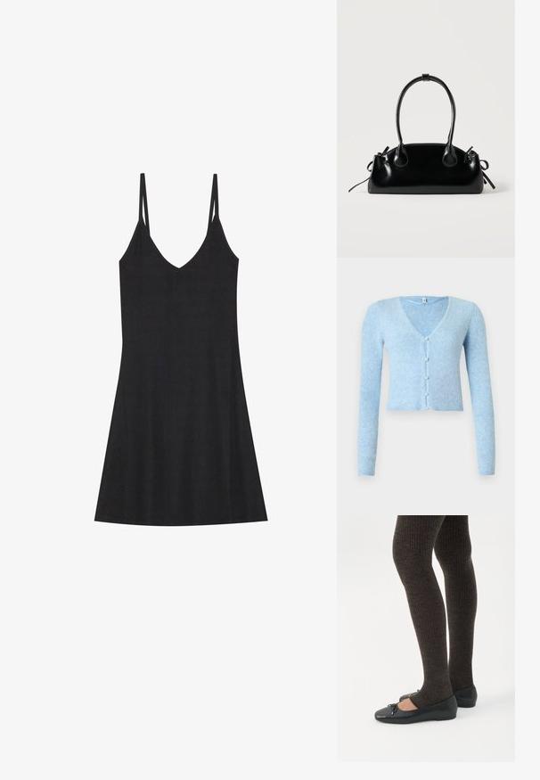 Lichtblauw geribd vest met lange mouwen en een V-hals, voorzien van vijf knopen aan de voorkant en een cropped zoom.; Zwarte geribbelde slipdress met een V-hals en dunne verstelbare bandjes. Heeft een relaxed fit, valt boven de knieën en heeft een minimalistisch ontwerp.; Benen met donkere geribbelde leggings gecombineerd met zwarte ballerina's met kleine strikdetails op een witte achtergrond.; Kleine zwarte glanzende handtas met twee lange hengsels en zijkant trekkoord details op een effen lichte achtergrond.