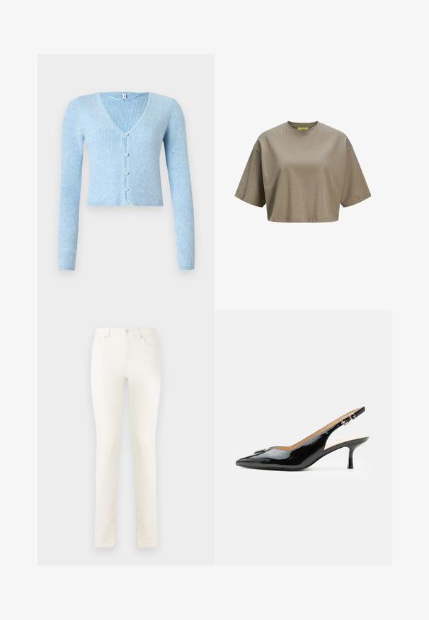 Hellblauer, gerippter Cardigan mit langen Ärmeln und V-Ausschnitt, mit fünf Knöpfen vorne und einem kurzen Saum.; Braunes, cropped T-Shirt aus weicher Baumwolle, mit Rundhalsausschnitt und kurzen Ärmeln. Glatte Textur mit dezenten Stichdetails.; Weiße Denim-Jeans mit geradem Bein, hoher Taille, Fronttaschen und einem einzelnen Knopfverschluss. Glatte Textur, minimale Nähdetails.; Schwarzer Pumps mit Riemchen aus Lackleder, spitz zulaufender Zehenpartie, kleinem Kitten-Heel und silberner Schnalle auf weißem Hintergrund.