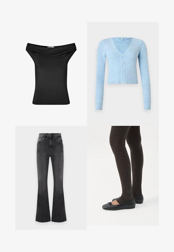 Cardigan côtelé bleu clair à manches longues et encolure en V, avec cinq boutons sur le devant et un ourlet court.; Top noir décolleté en tissu extensible lisse. Design ajusté avec un col drapé, des manches courtes et un ourlet droit.; Jean noir évasé avec taille haute, détails de couture et cinq poches. Le tissu a une texture lisse avec une finition délavée.; Jambes portant des leggings côtelés foncés associés à des ballerines noires avec de petits détails en nœud sur fond blanc.